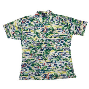 Van Heusen Mens L Button Up Hawaiian Shirt Multicolor Graphic Print Short Sleeve